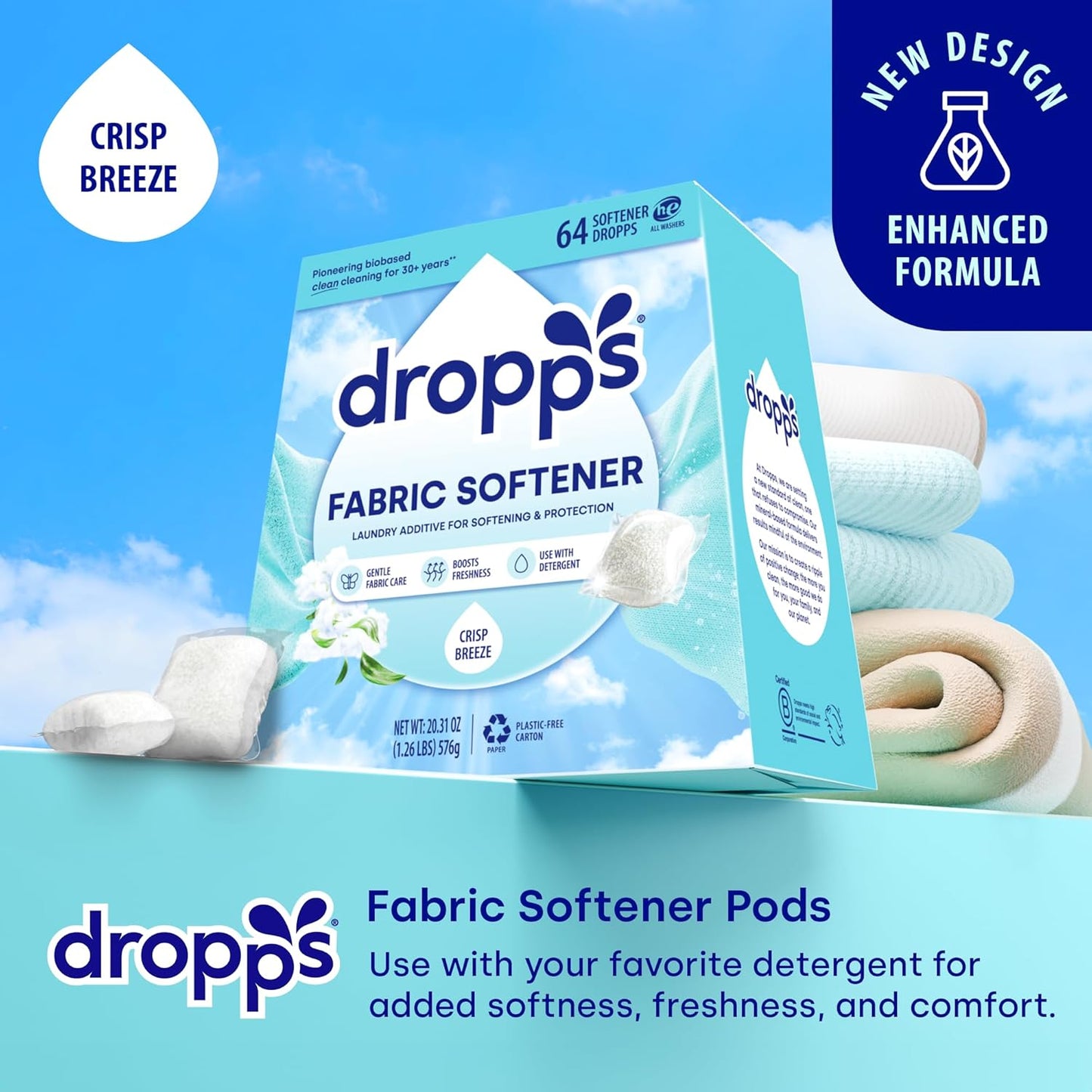Dropps Laundry Fabric Softener Pods, Crisp Breeze (64 Pods) - Laundry Additive for Softening &