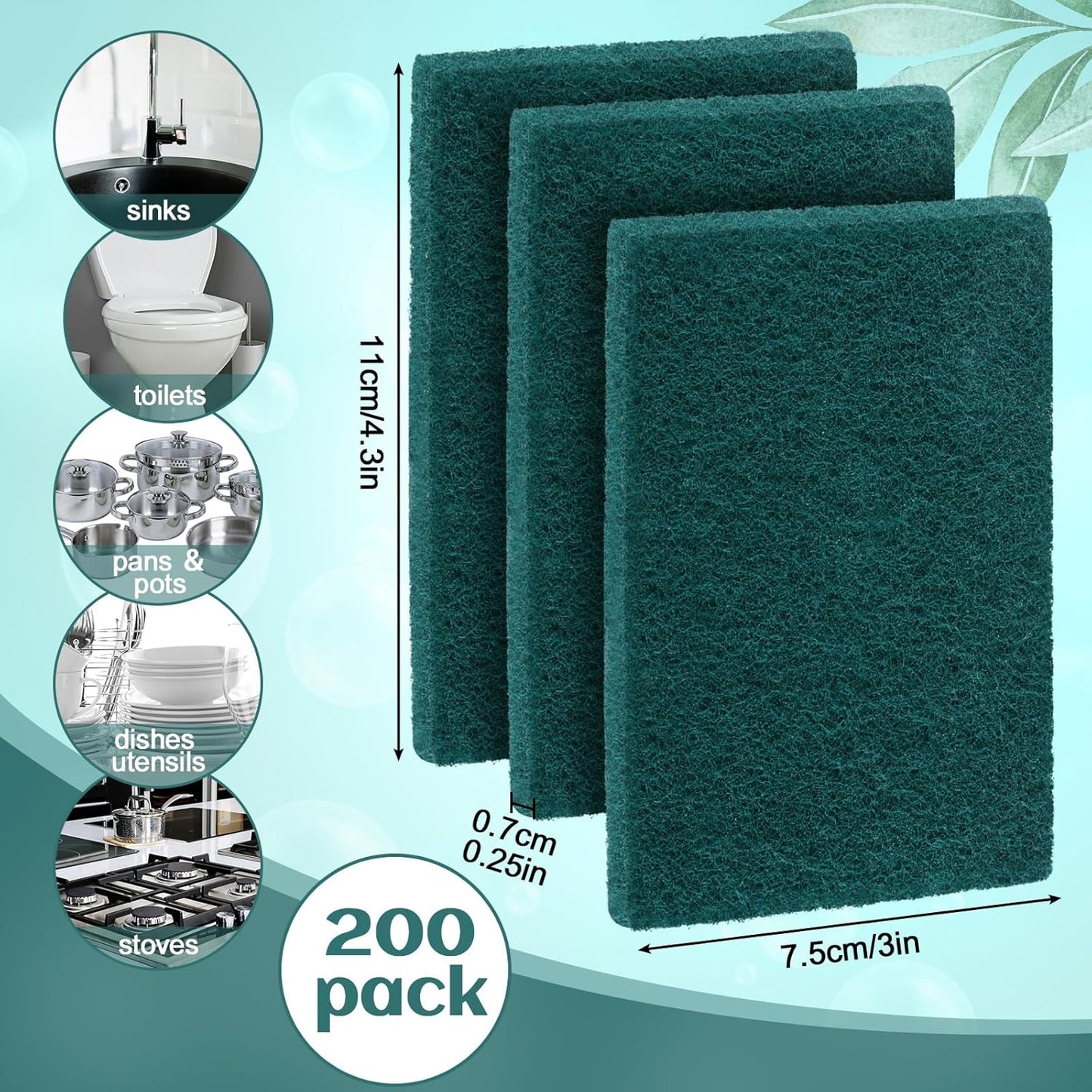 Hoolerry 200 Pcs Heavy Duty Scouring Pads Non Scratch Household Scrub Pads for Cleaning Reusable