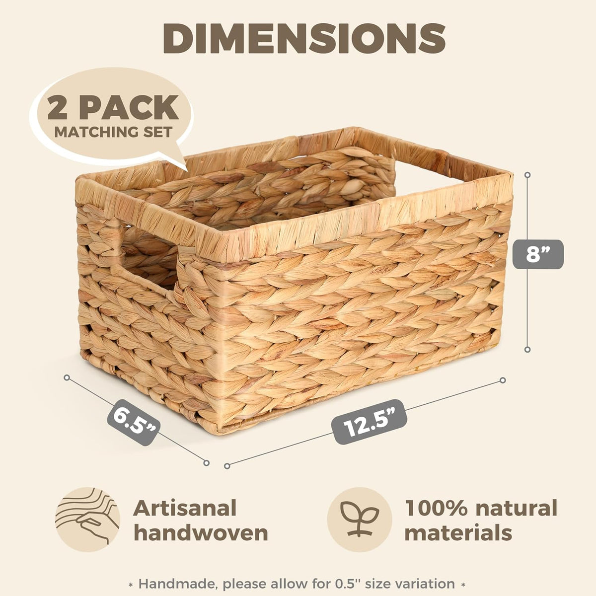 Set of 2 Wicker Shelf Storage Baskets for Organizing - Natural Durable Water Hyacinth Woven Basket