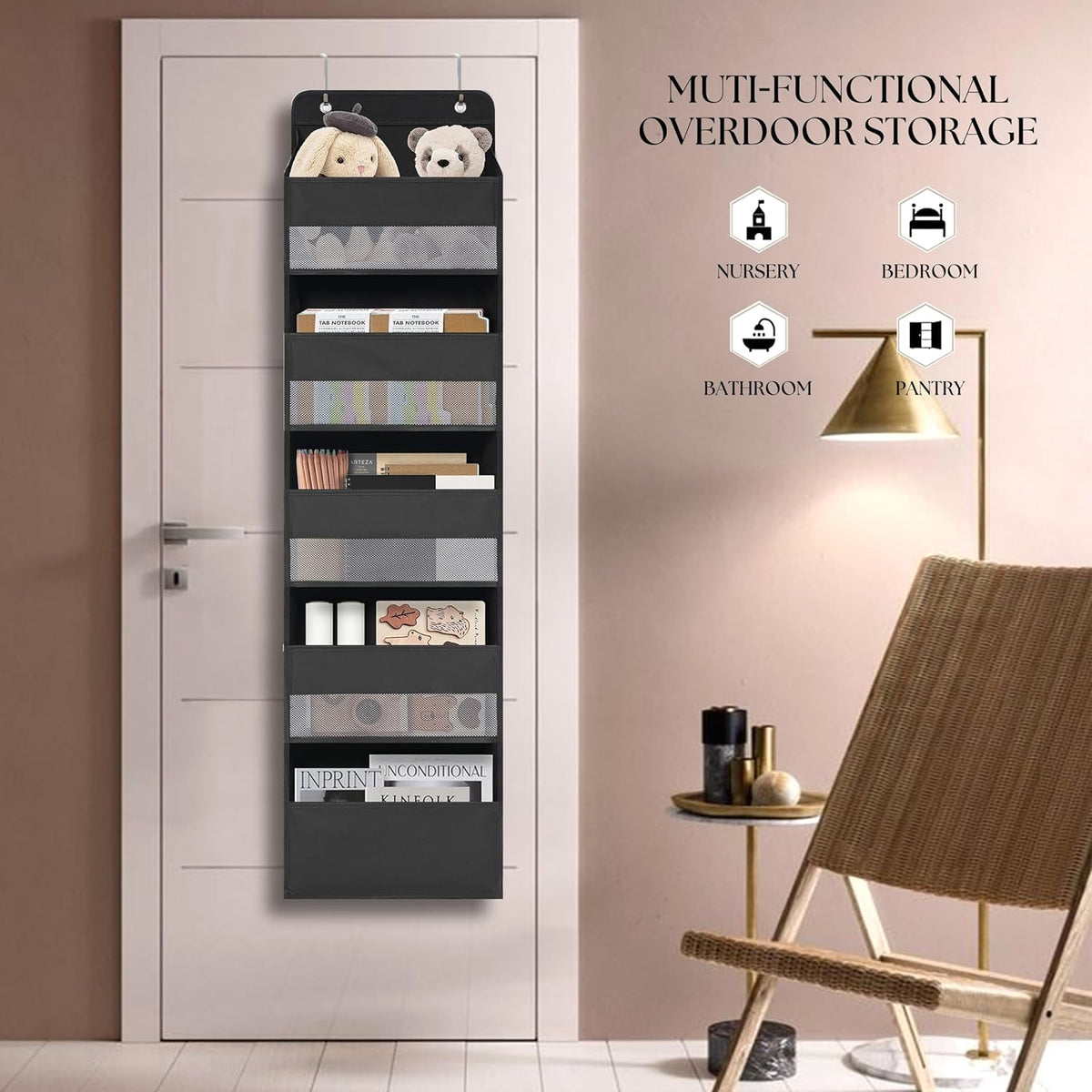 Over Door Organizer with 5 Large Pockets, Heavy Duty Hanging Organizer Storage, Closet Bathroom
