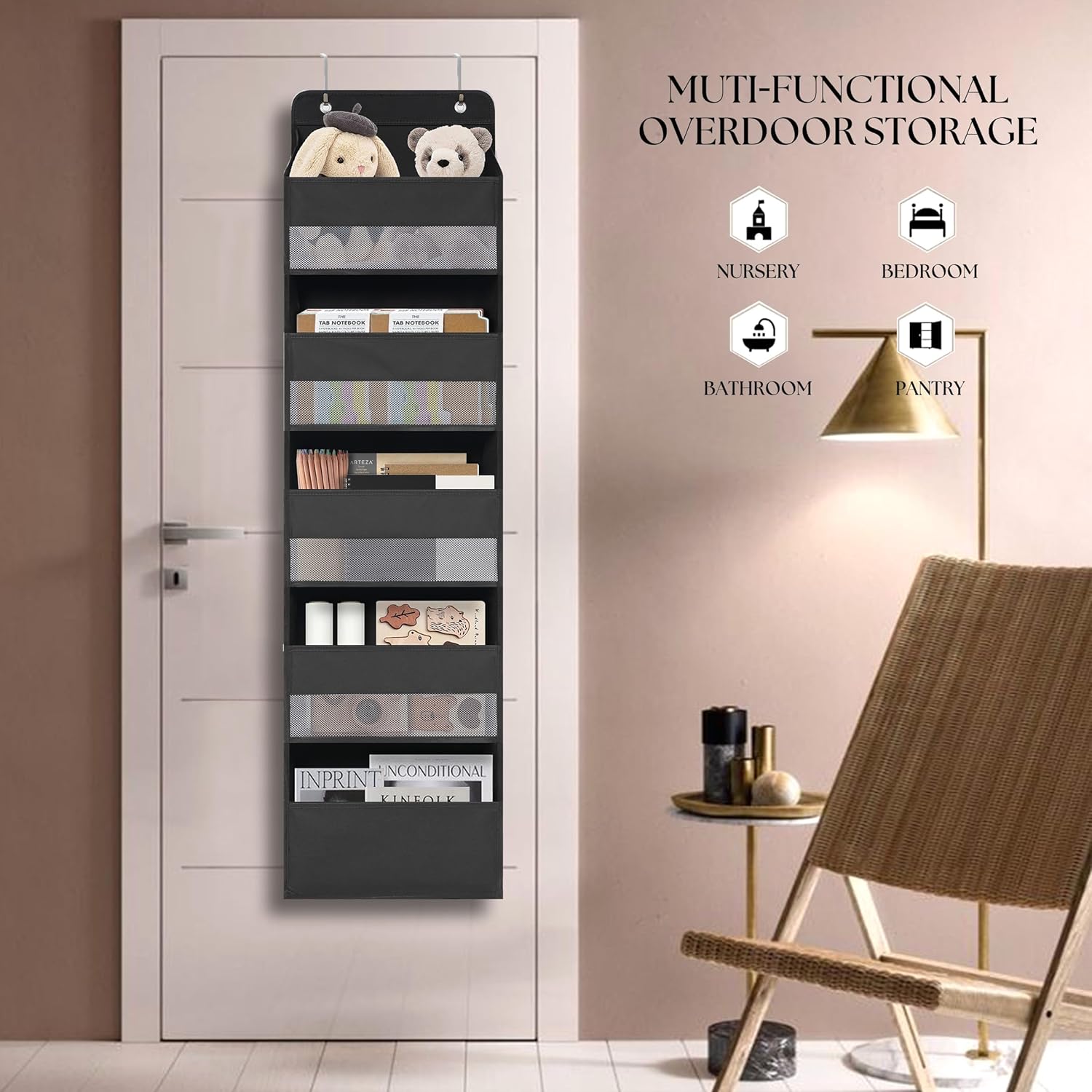 Over Door Organizer with 5 Large Pockets, Heavy Duty Hanging Organizer Storage, Closet Bathroom