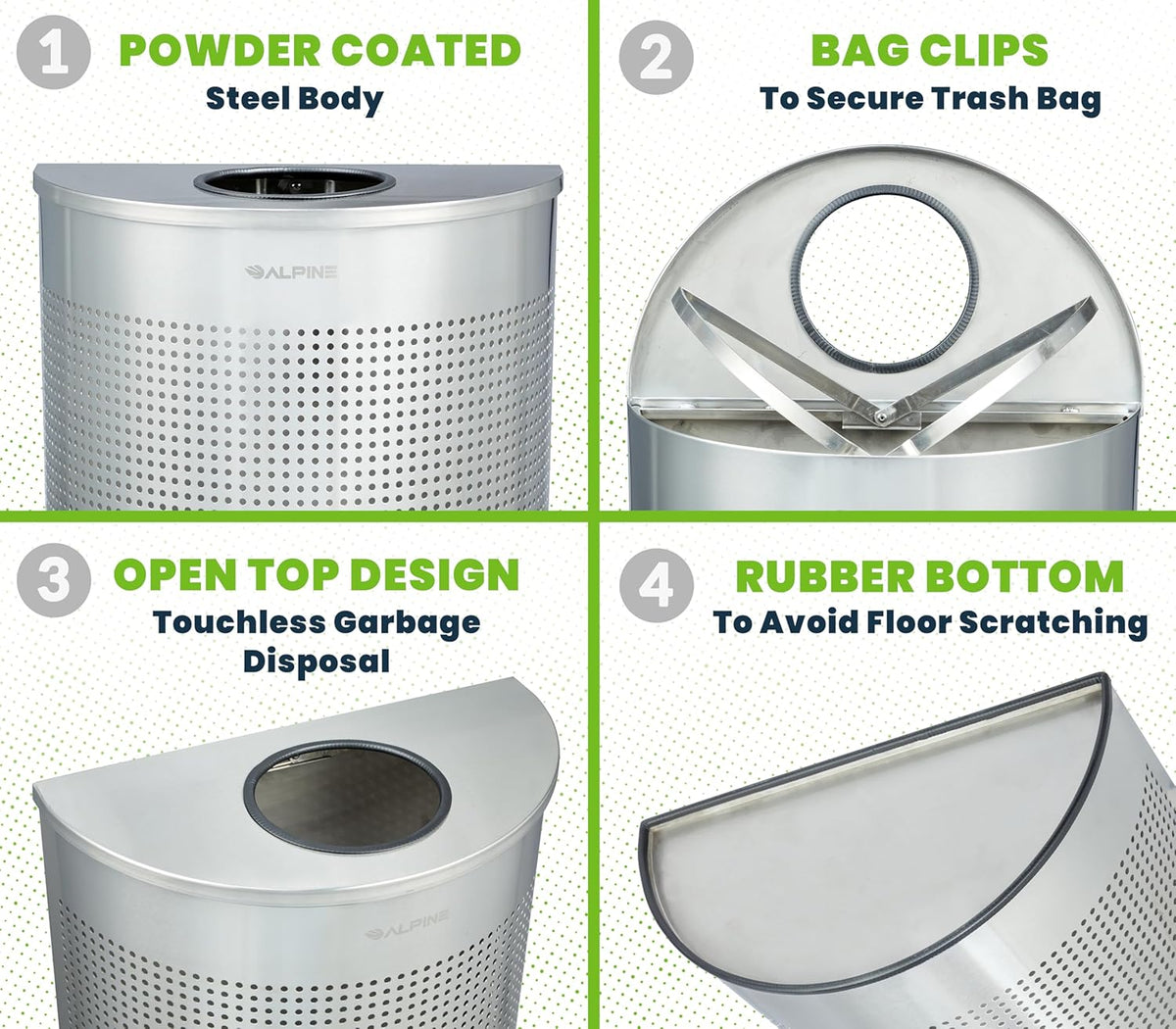 Alpine Half Round Trash Can Open Top - Modern 12 Gallon Stainless Steel Space Saving Indoor