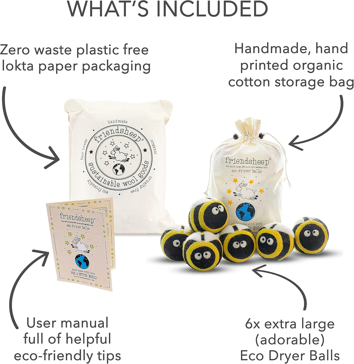 Friendsheep Wool Dryer Balls 6 Pack XL Organic Premium Reusable Cruelty Free Handmade Fair Trade No