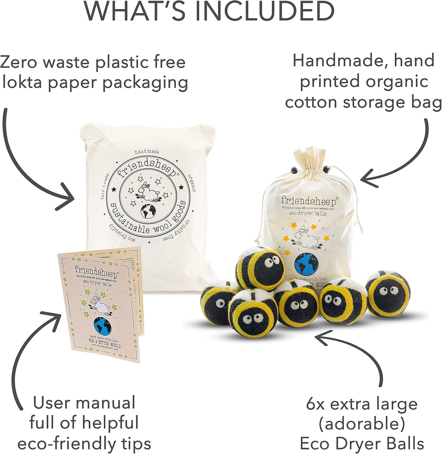 Friendsheep Wool Dryer Balls 6 Pack XL Organic Premium Reusable Cruelty Free Handmade Fair Trade No