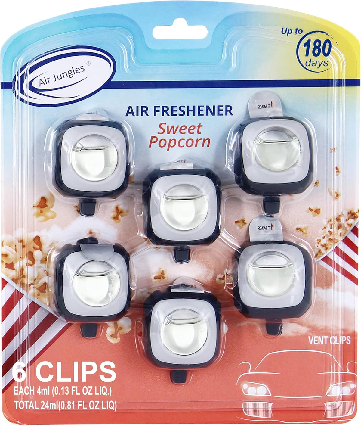 Air Jungles Sweet Popcorn Scent Car Air Freshener Clip, 6 Vent Clips, 4ml Each, Long Lasting Air