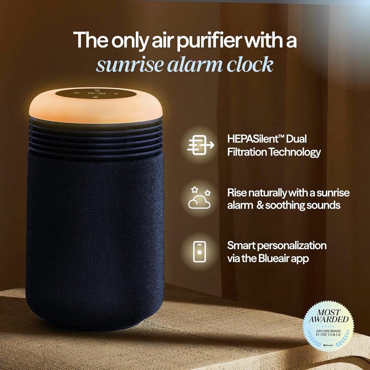 BLUEAIR Purifier for Bedroom - Mini Restful - Sunrise Clock with HEPASilent Filtration and Wake Up