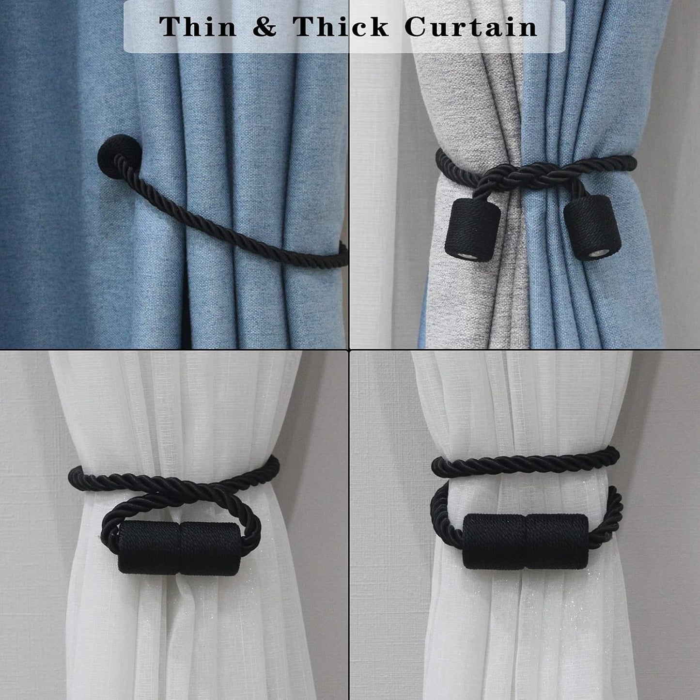 2 Pack Black Strong Magnetic Curtain Tiebacks Outdoor Elegant Decorative Tie Backs Modern Rope