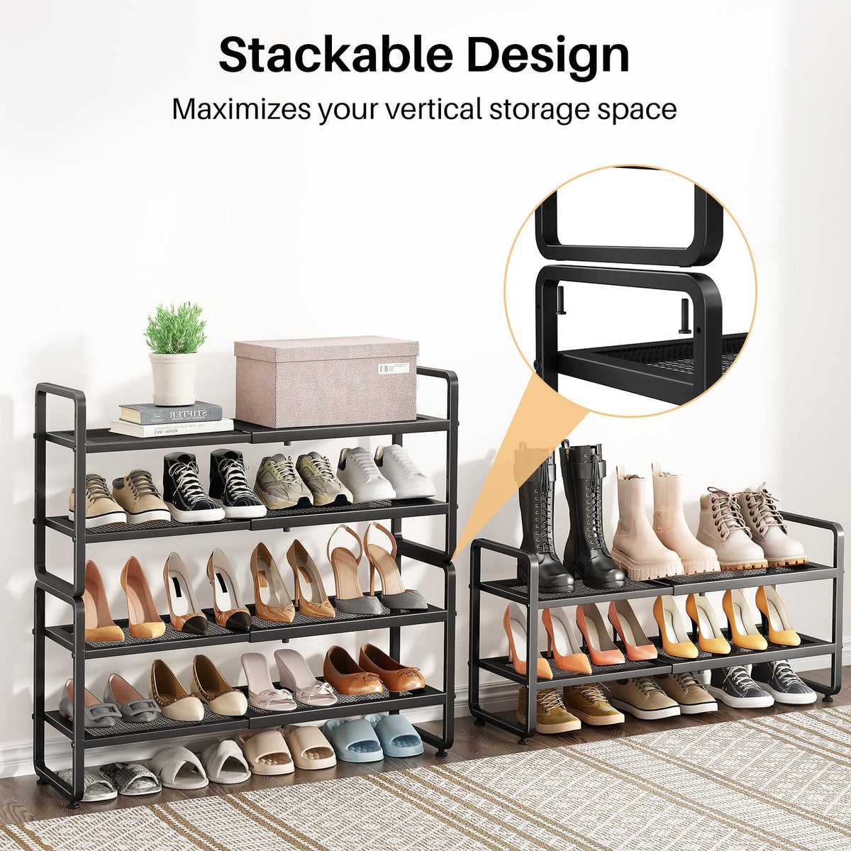 Expandable Metal Shoe Rack for Closet, Entryway & Garage, 2-Tier, Black