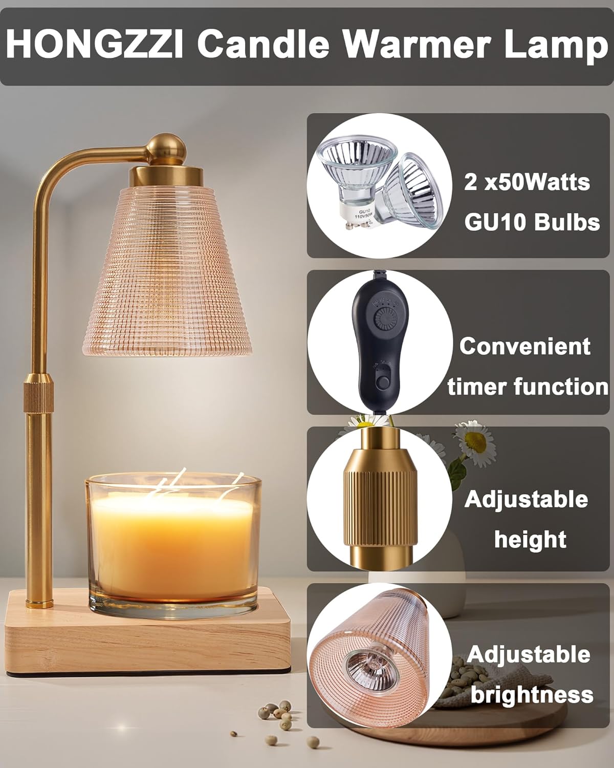 Candle Warmer Lamp - Electric Candle Warmer with Timer, Adjustable Height & Brightness, 2
