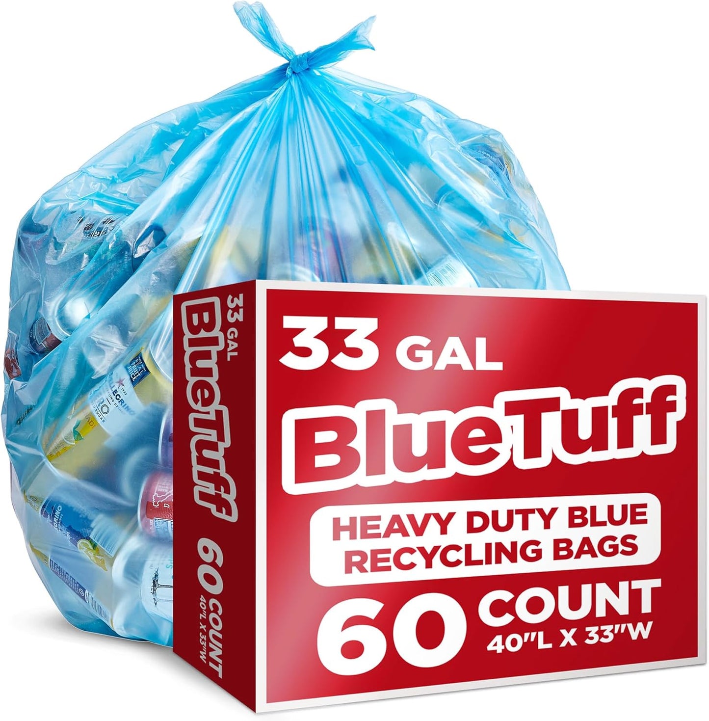 Heavy-Duty Blue Recycling Bags, 60-Pack Blue Garbage Bags For Recycling | 33-Gallon Capacity|