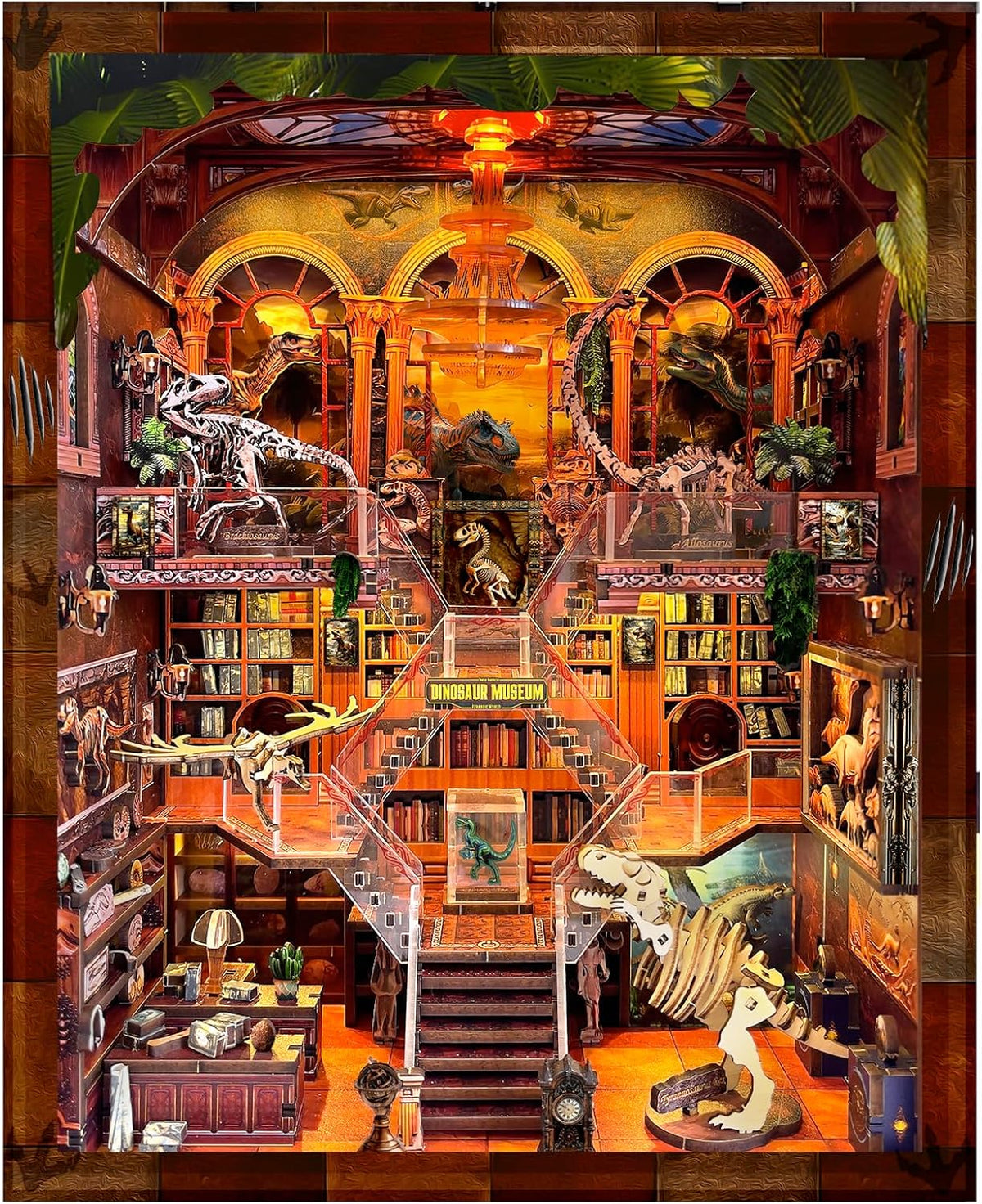 Book Nook Kit for Adults - DIY Dinosaur Museum Booknook, 3D Wooden Dollhouse Puzzle with LED