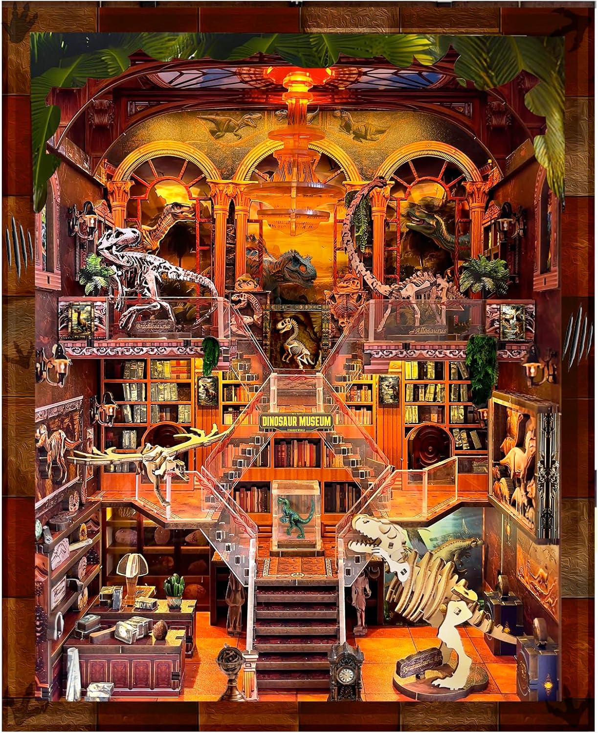 Book Nook Kit for Adults - DIY Dinosaur Museum Booknook, 3D Wooden Dollhouse Puzzle with LED