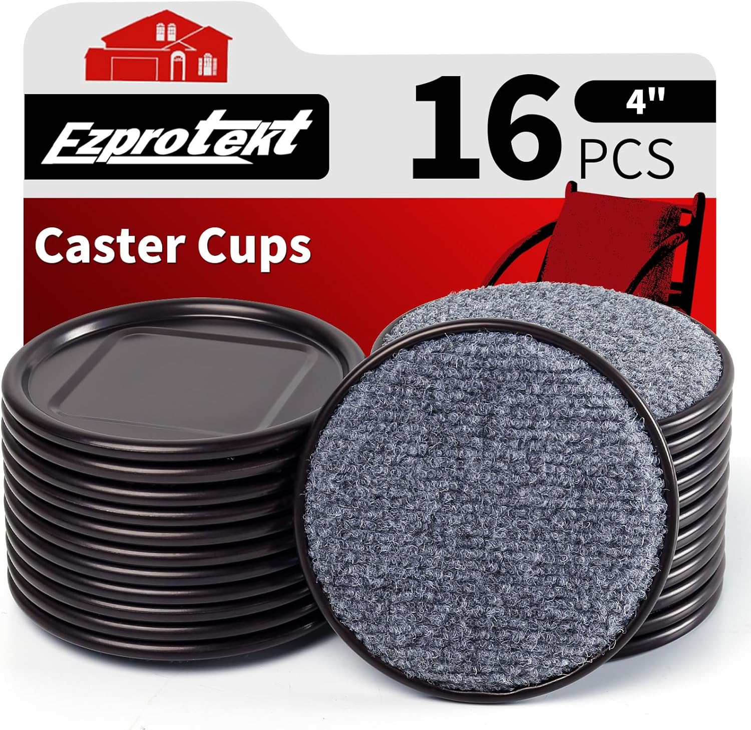 Ezprotekt 4" Round Reusable Felt Furniture Caster Cups with Carpet Bottom, 16 Pcs Felt Furniture