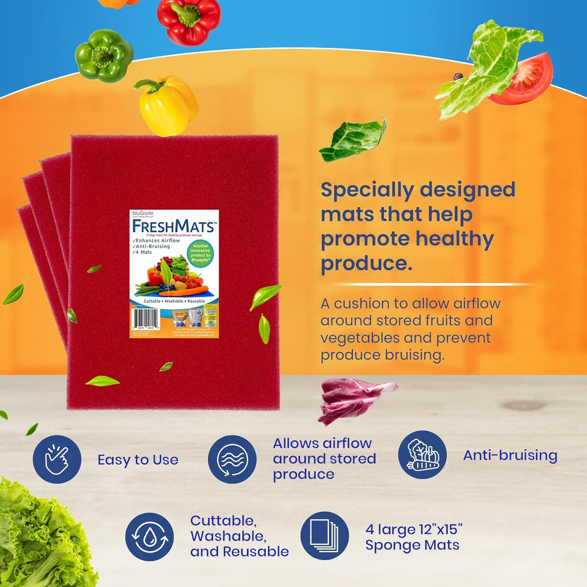 Bluapple FreshMats, Refrigerator Bin Liner, Fridge Drawer Mats, Crisper Life Extender Liner Keeps