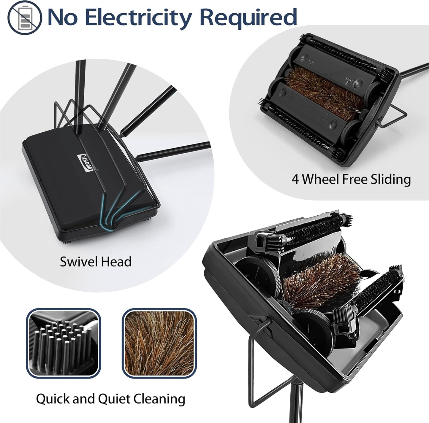 JEHONN Carpet Floor Sweeper Manual with Horsehair, Non Electric Quite Rug Roller Brush Push for