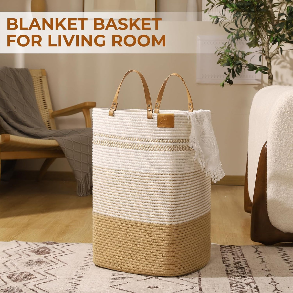danpinera 100L Nursery Hamper, Tall Woven Laundry Basket with Long Leather Handles, Boho Laundry