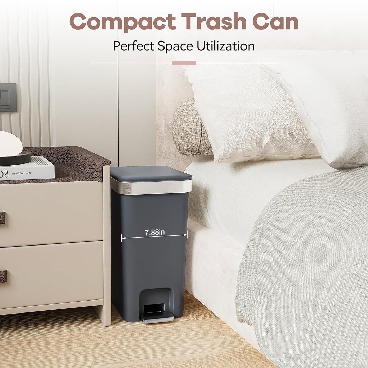 Small Bathroom Trash Can with Lid Soft Close, 10 Liter/2.6 Gallon Slim Garbage Can-Metal Step and
