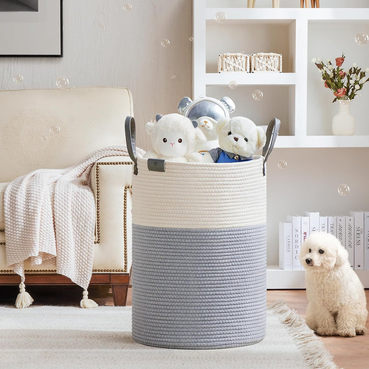 VIPOSCO Tall Laundry Basket, Large Dirty Clothes Hamper with Leather Handle, Woven Rope Storage