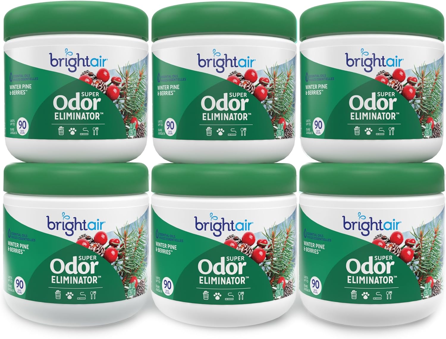 Bright Air 14 oz. Super Odor Eliminator, For Medium-Size Spaces, Winter Pine & Berries Scent, Case
