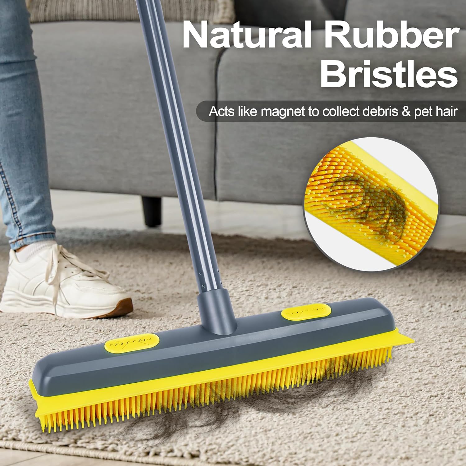 NEWE Rubber Pet Hair Removal Broom with Lint Fur Remover Tool, 57.5 inches Long Handle Silicone