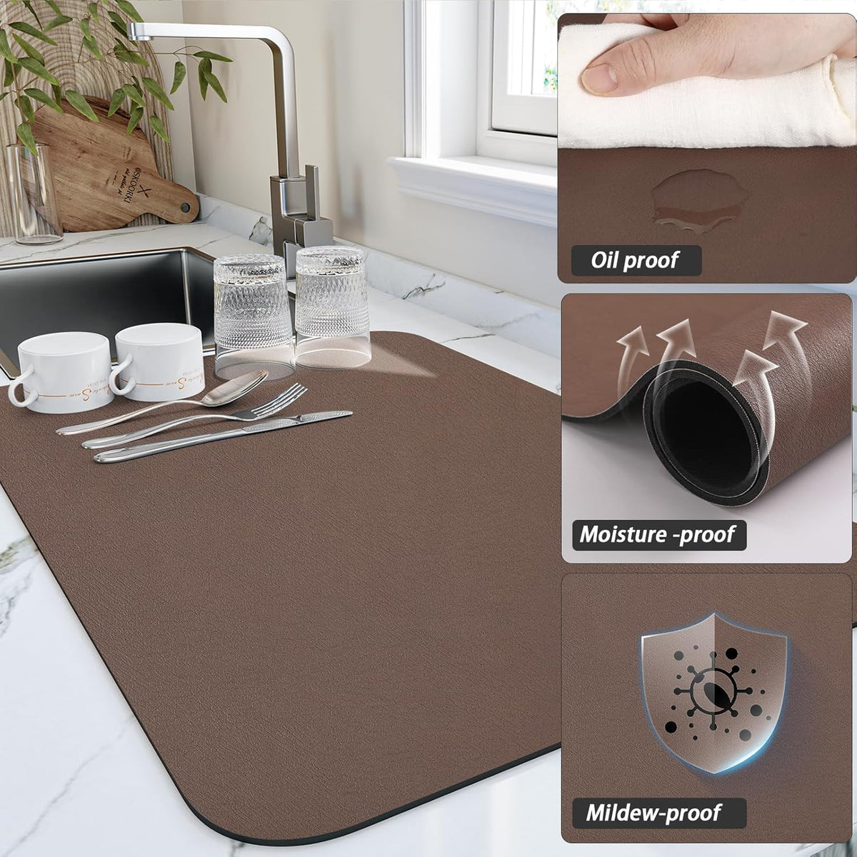 Dish Drying Mat for Kitchen Counter, Heat Resistant Drainer Mats with Non-slip Rubber Backed, Hide