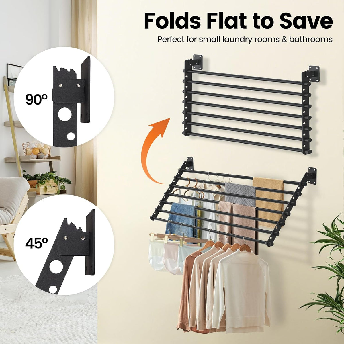 Wall Mounted Clothes Drying Rack 57 Inch – Foldable Laundry Drying Rack for Wall Mount, Space