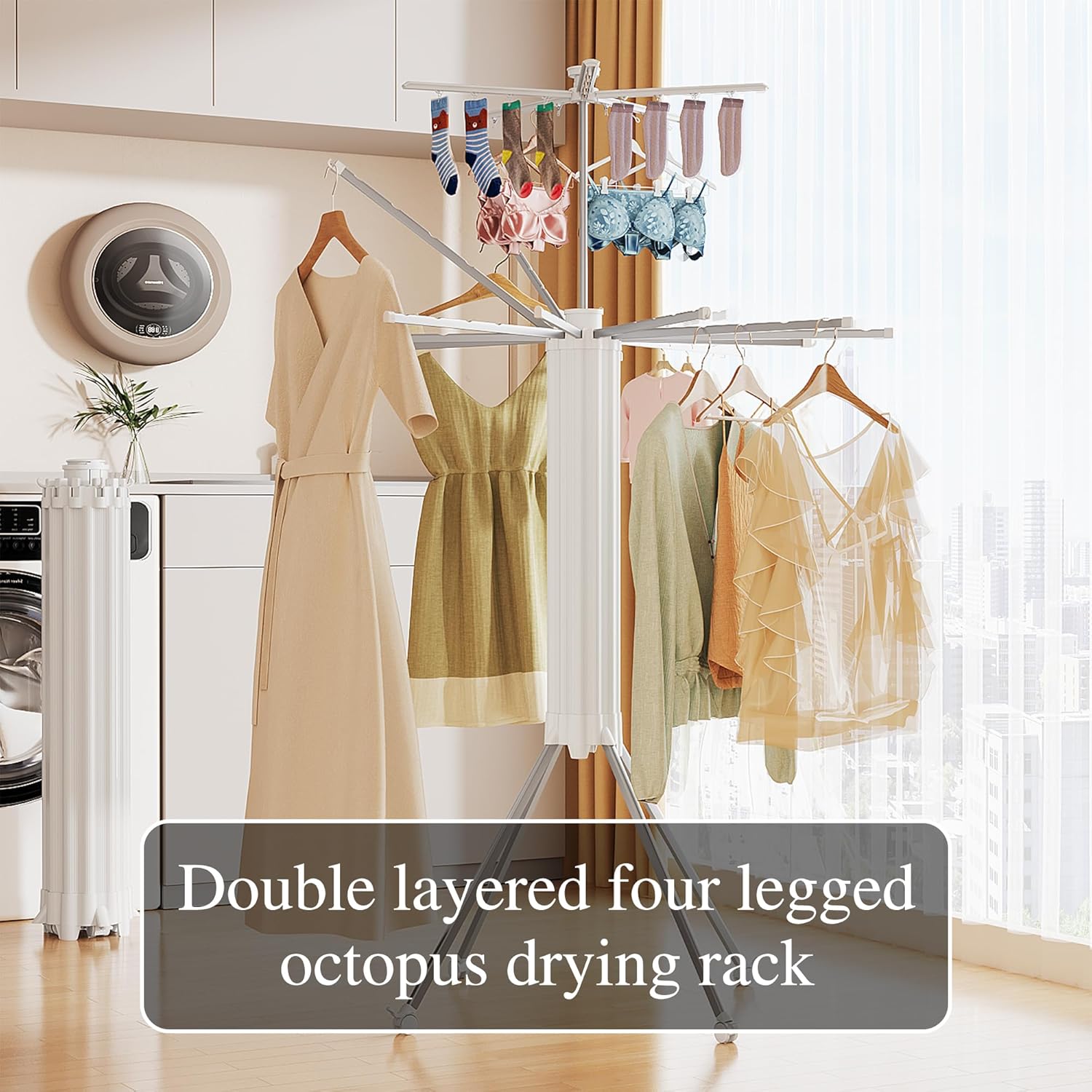 JOOM 4 Legs Double Layer Clothes Drying Rack, Garment Rack Portable and Foldable Space Saving