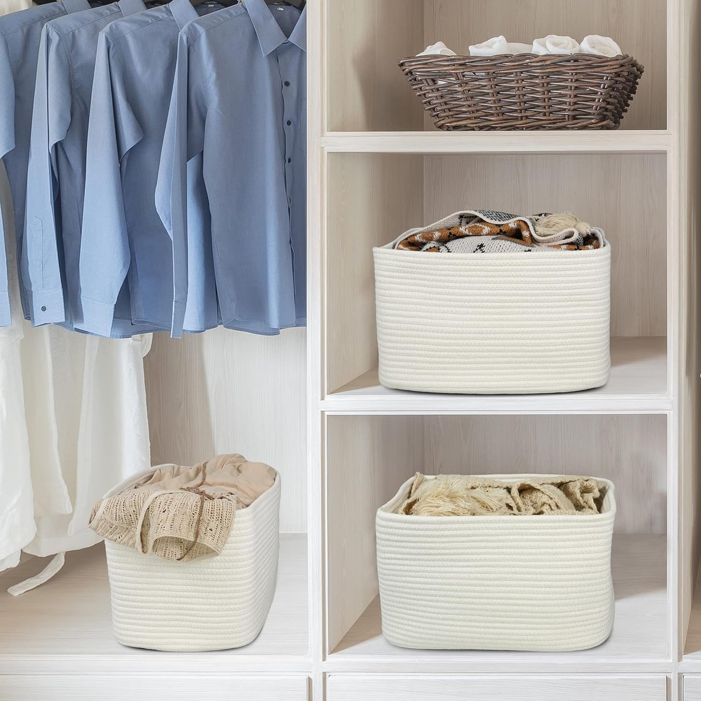 Cotton Rope storage Basket Bins Woven Basket for Organizing Shelves Rectangle Decorative Baskets