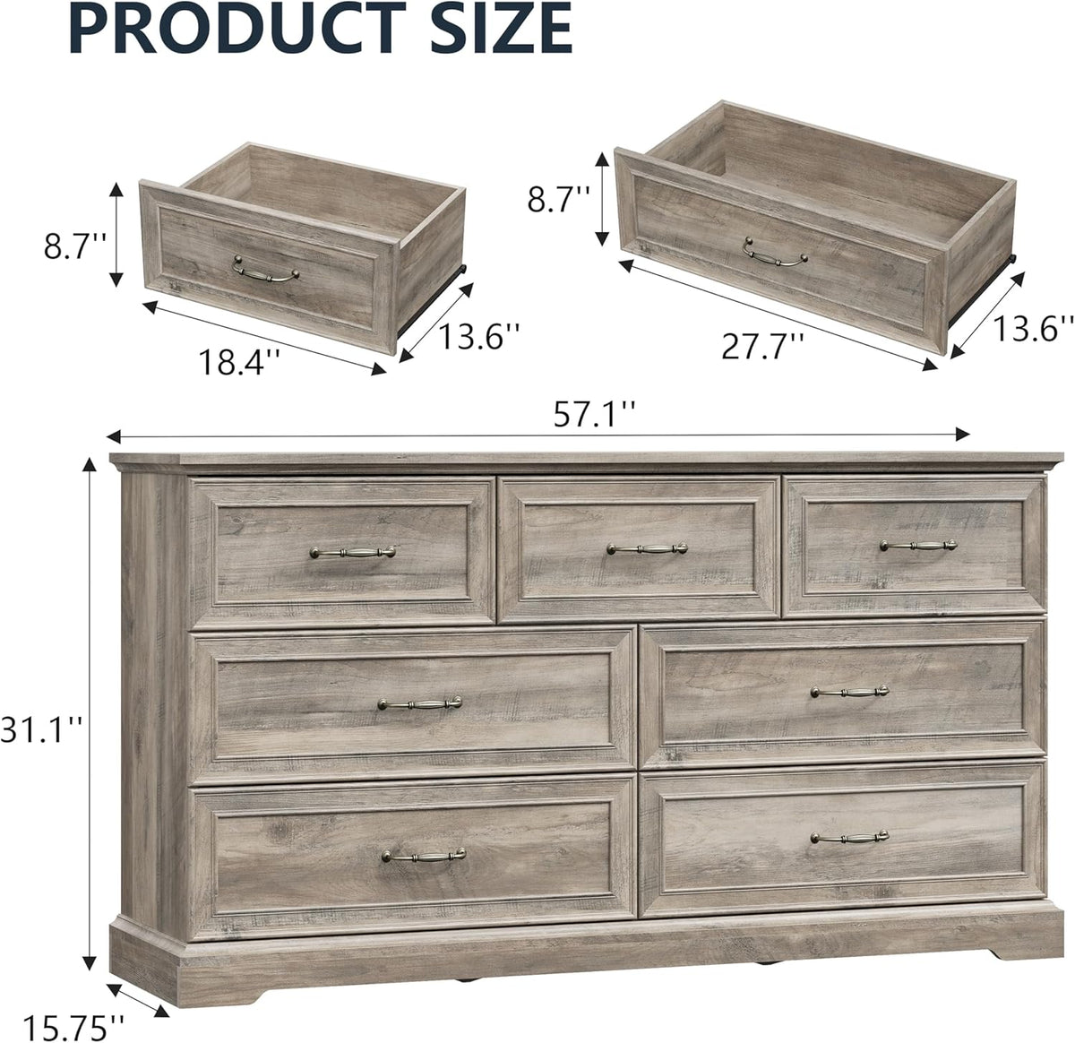 7 Drawer Dresser for Bedroom, 57" Wide Wooden Chest of Drawers, Rustic Farmhouse Dresser with Large