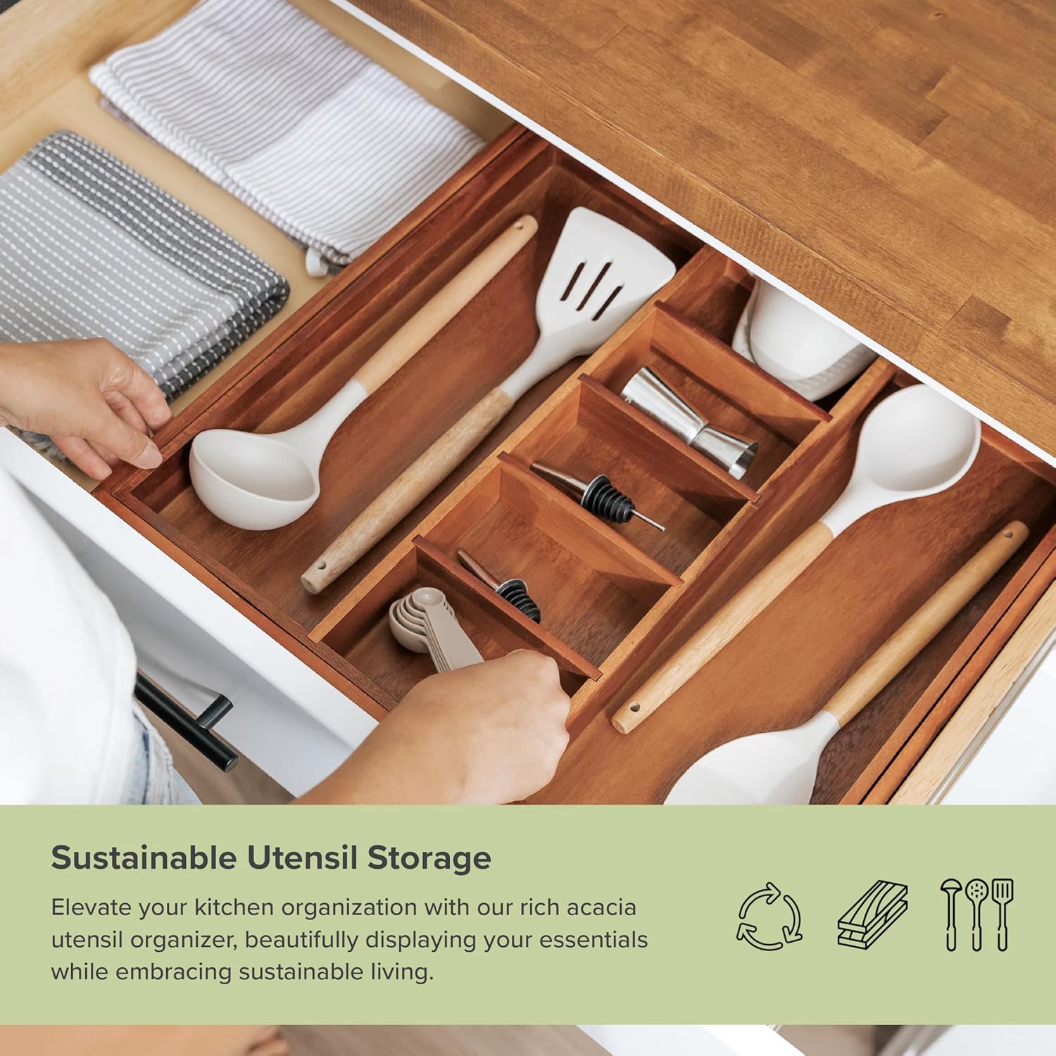 KitchenEdge Adjustable Kitchen Drawer Organizer for Utensils and Junk, Food-Safe Contract Grade