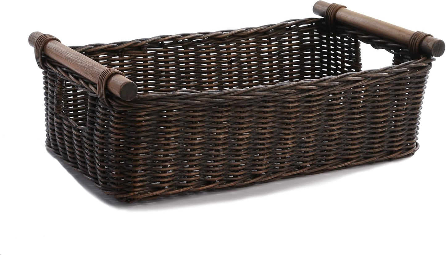 The Basket Lady Low Pole Handle Wicker Storage Basket, Medium, 17 in L x 10.5 in W x 5.5 in H
