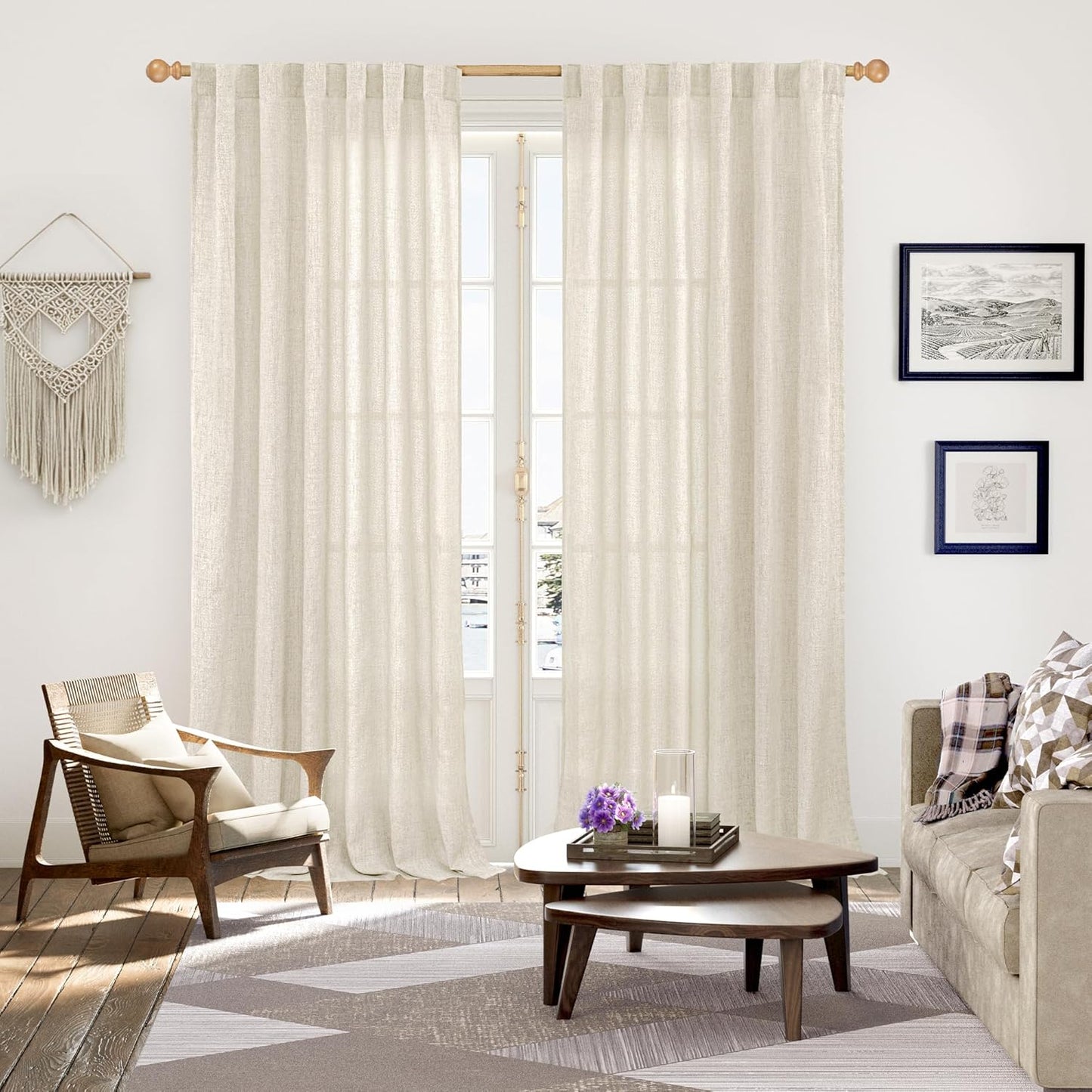 YoungsTex Linen Curtains 95 Inch Length for Living Room 2 Panels, Cream Semi Sheer Window
