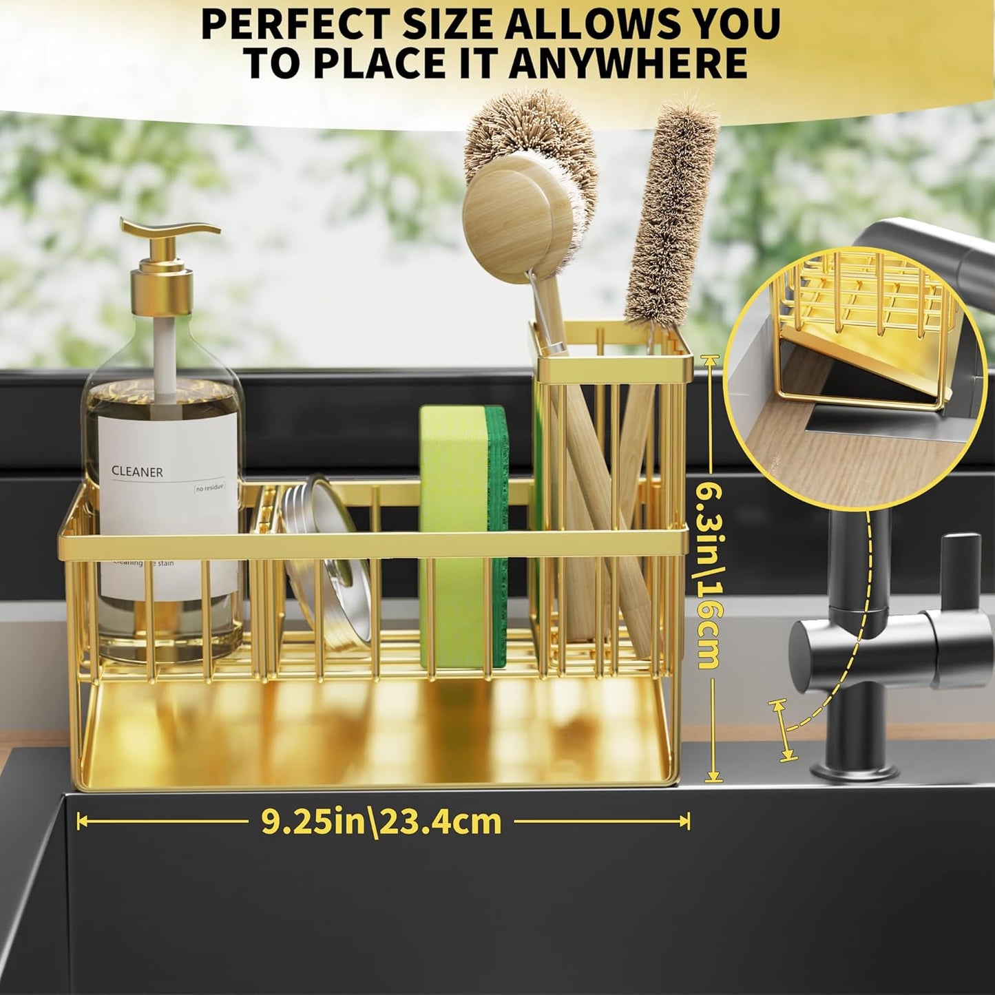 Cisily Gold Kitchen Sink Caddy Organzier with High Brush Holder, Sponge Holder for Sink, 304