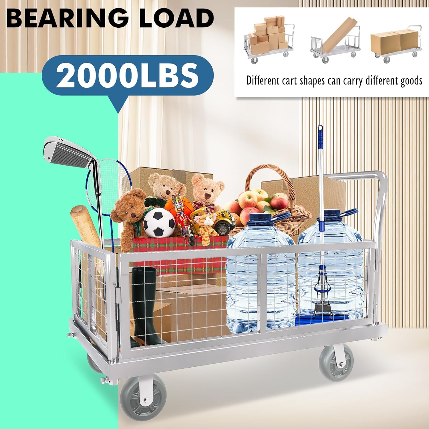 4-in-1 Platform Truck Cart with Cage, Multi-Purpose Heavy Duty Steel Flatbed Cart with 2200lbs