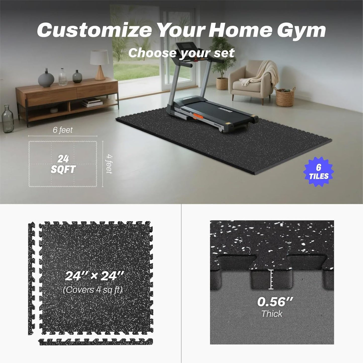 AIRHOP 0.56in Thick 24 Sq Ft Exercise Equipment Mats, 6 Tiles Upgraded Rubber Top with High Density