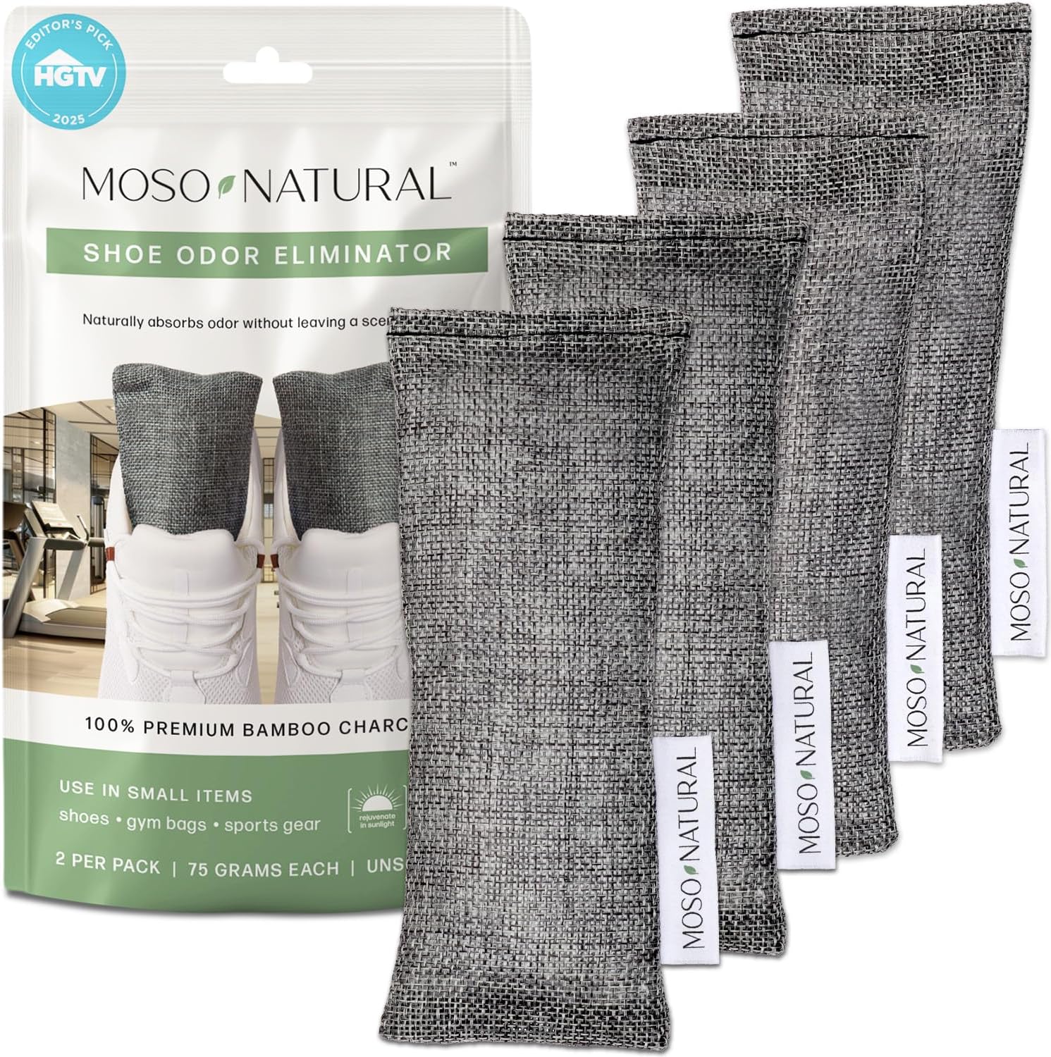 Moso Natural Shoe Deodorizer Inserts, Charcoal Odor Absorber for Shoes, Gym Bag & Boot Deodorizer