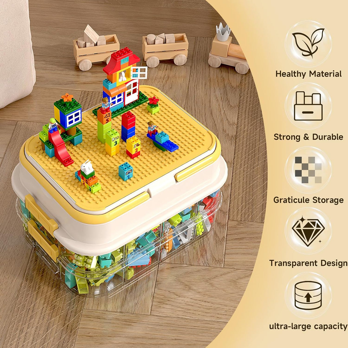 Toy Storage Organizer Box with Handle, Stackable Building Block Toy Box with Building Plate Lid &