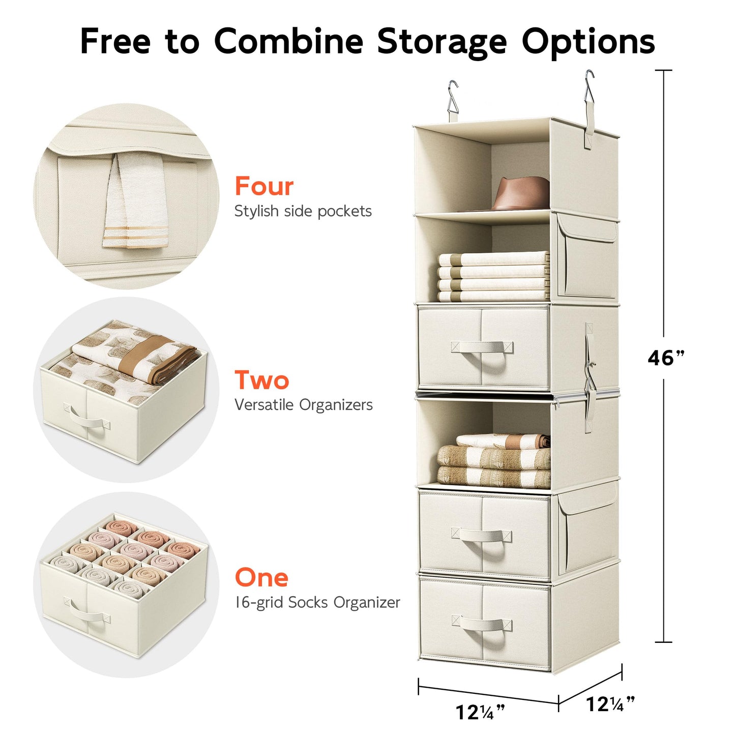 6-Shelf Hanging Closet Organizer with 3 Drawers, 2-in-1 Design, Beige