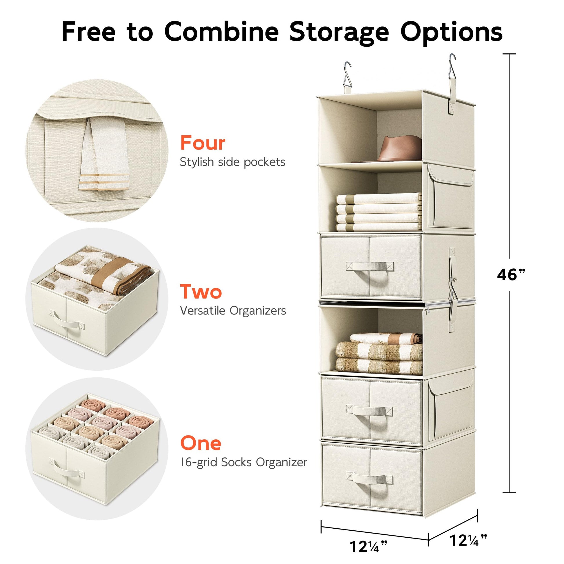 6-Shelf Hanging Closet Organizer with 3 Drawers, 2-in-1 Design, Beige
