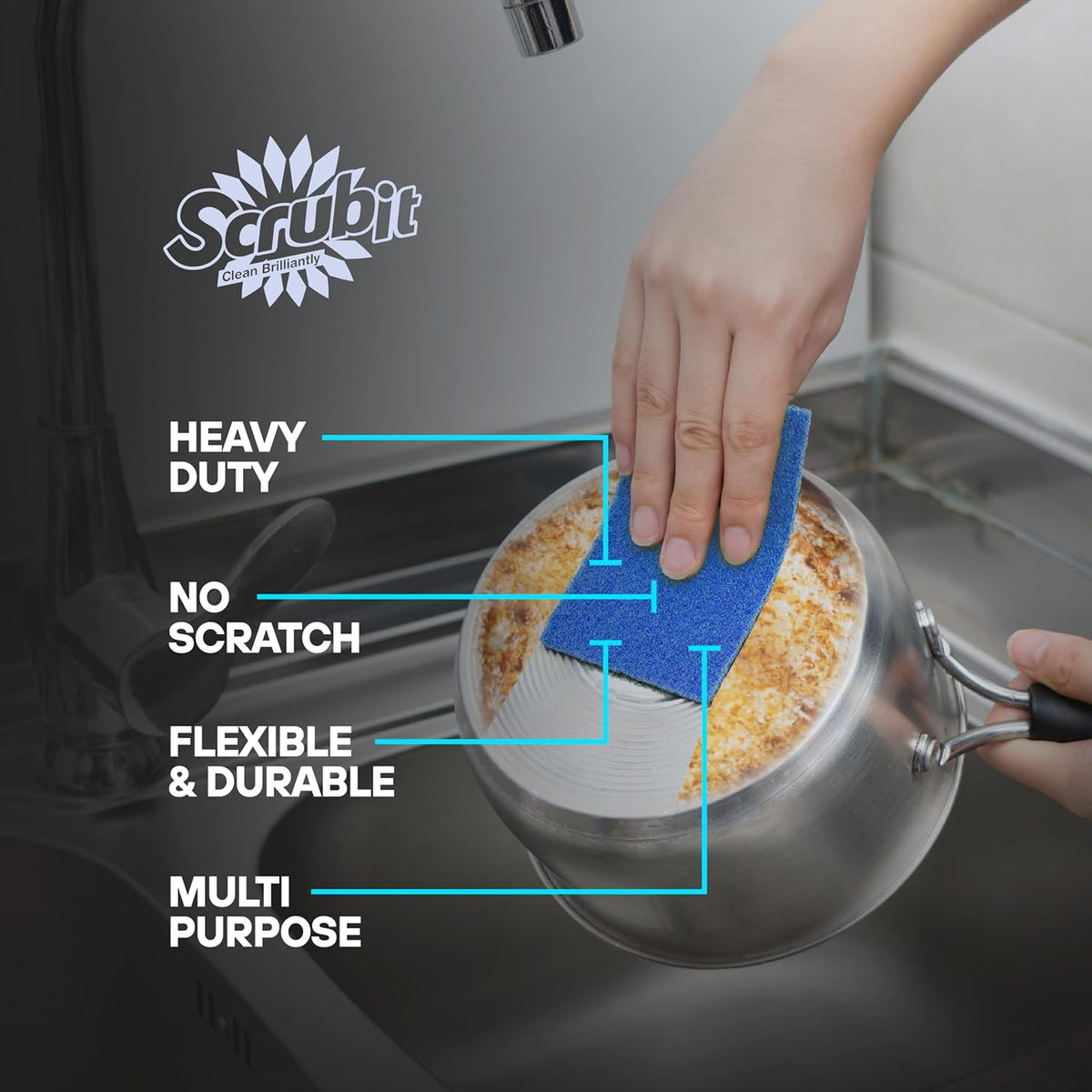 SCRUBIT 50 Pack Scouring Pad - Heavy Duty Scrub Pads for Cleaning Dishes - Non-Scratch Reusable