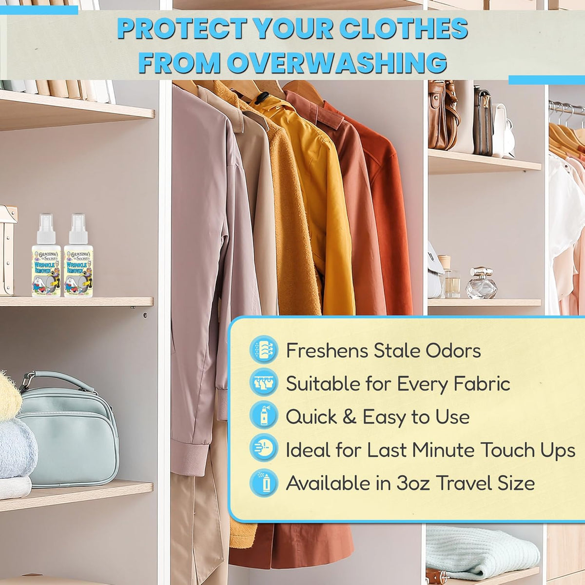 Grandma's Secret Wrinkle Remover Spray - Easily Removes Wrinkles & Odors - Wrinkle Release, Fabric