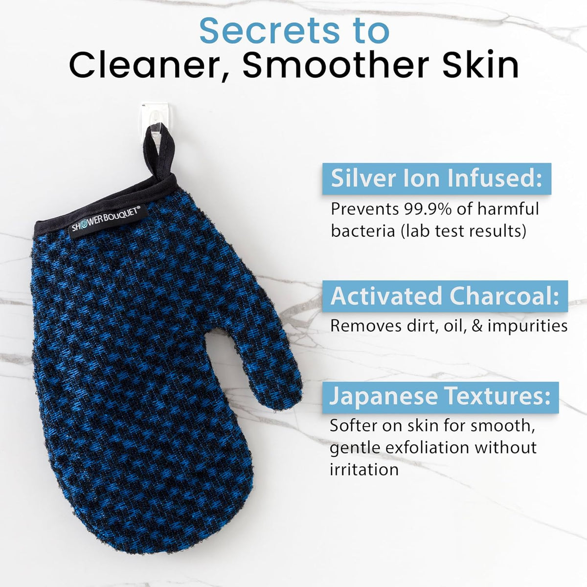 Japanese Exfoliating Mitt for Shower [1-Pack, Blue] - Charcoal & Silver Ion Exfoliating Glove