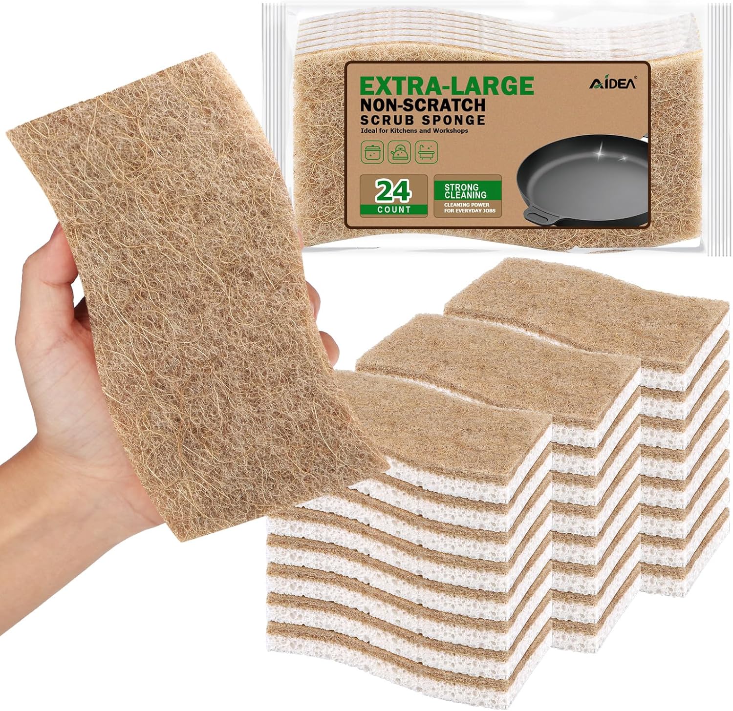 AIDEA XL Scrub Sponges Non-Scratch, 24Count, Large Natural Sponge for Non Stick Cookware, Sponges