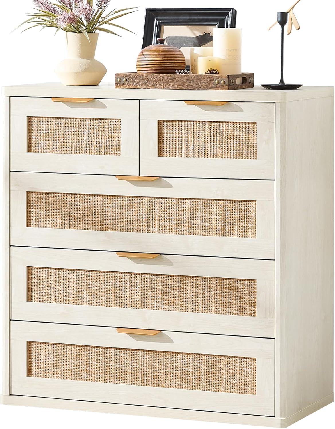 LEYAOYAO White Dresser for Bedroom, 33.5" Tall Chest of Drawers, Modern 5 Drawers Boho Rattan