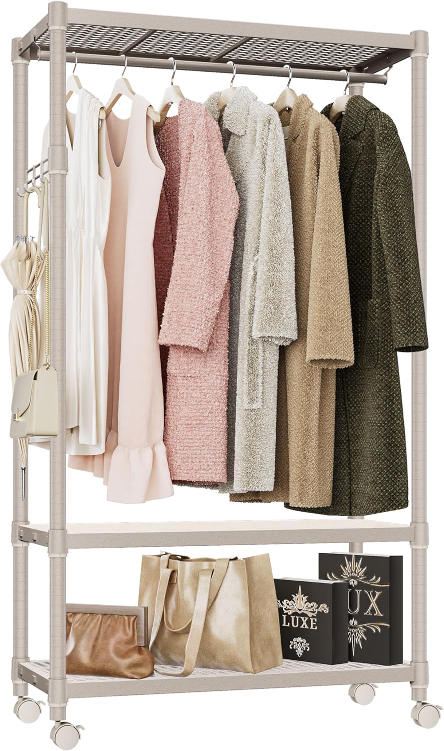 IZEUK Heavy Duty Rolling Garment Rack Wire Clothes Rack for Hanging Clothes, Metal Freestanding