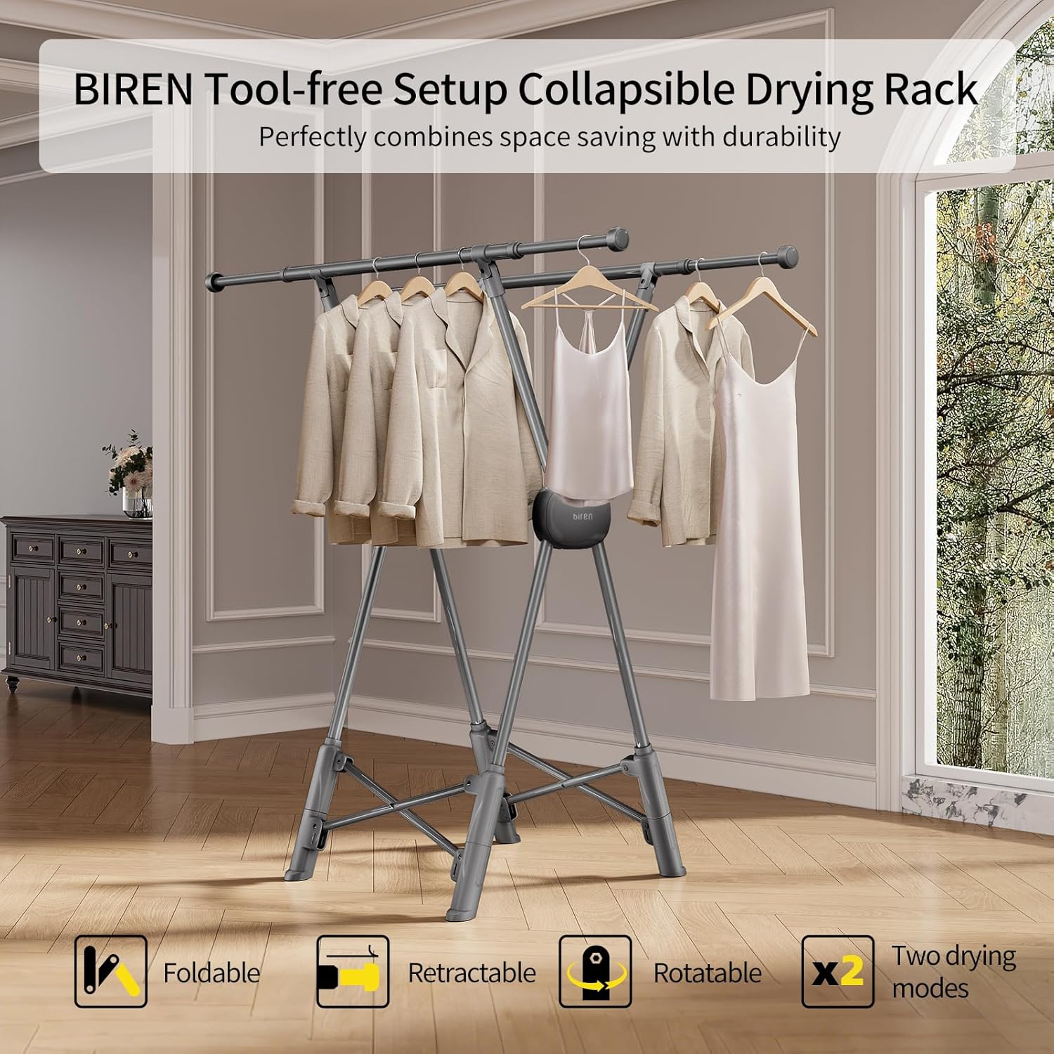BIREN Clothes Drying Rack Heavy Duty Clothing Racks Extending Laundry Rack Two Drying Modes Garment