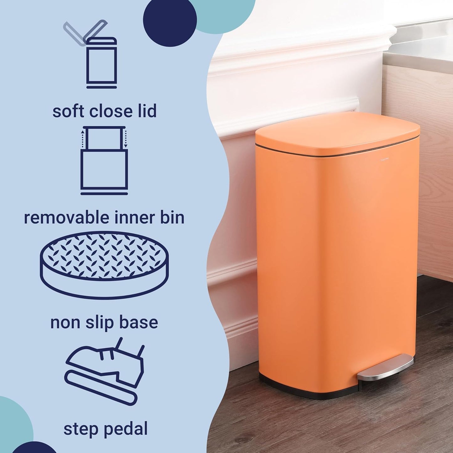 happimess HPM1006K Connor Rectangular 13.2-Gallon Trash Can with Soft-Close Lid and Free Mini Trash