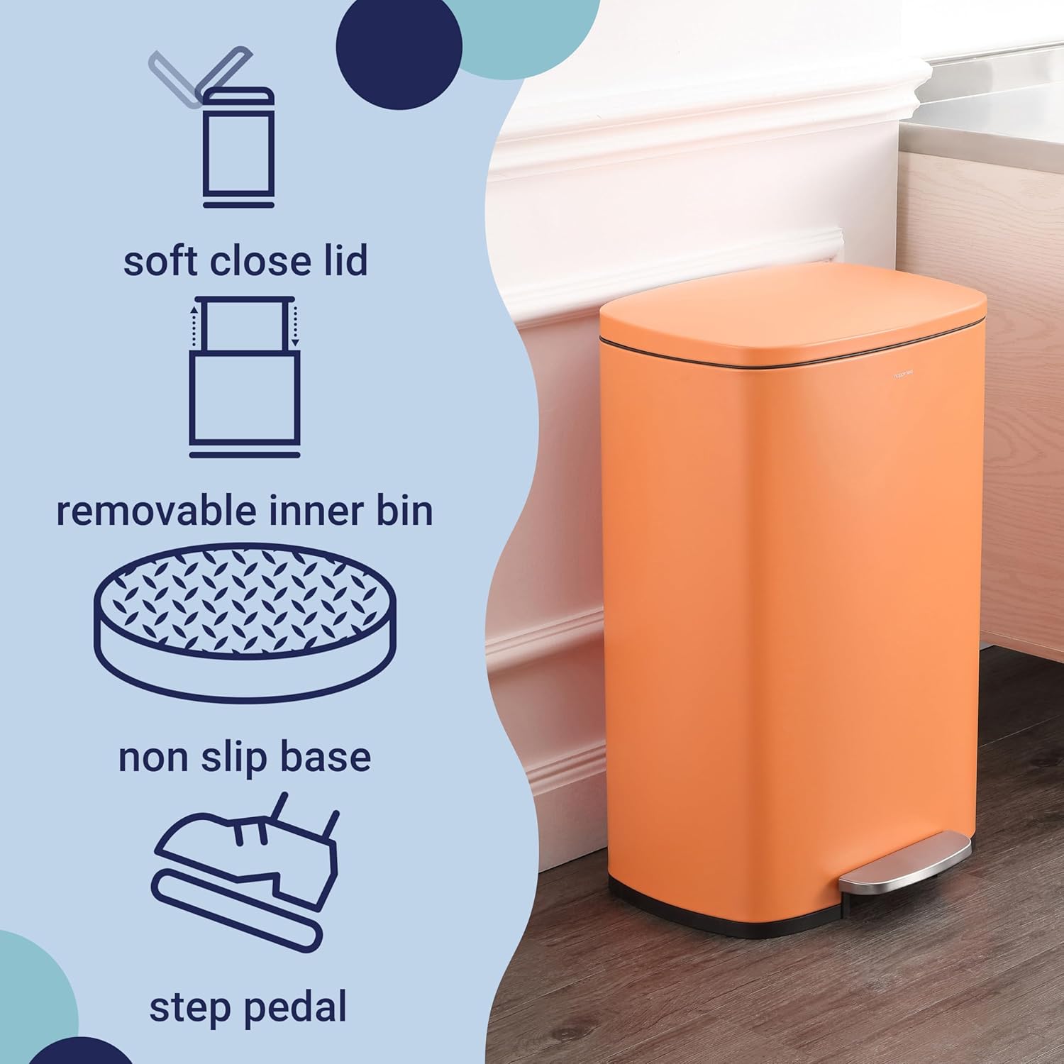 happimess HPM1006K Connor Rectangular 13.2-Gallon Trash Can with Soft-Close Lid and Free Mini Trash