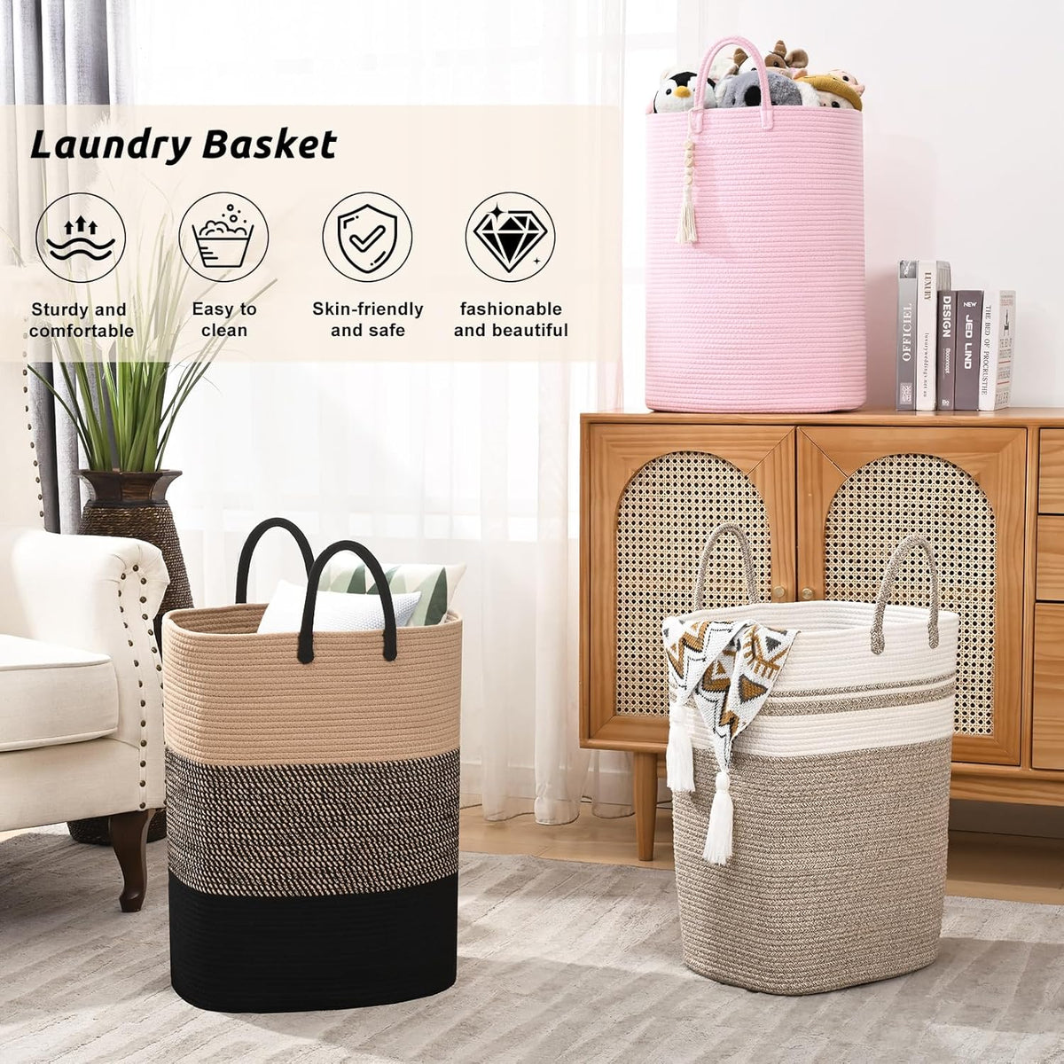 Woven Laundry Basket for Clothes, 65L Large Rectangle Laundry Hampers, Nursery Storage Basket for