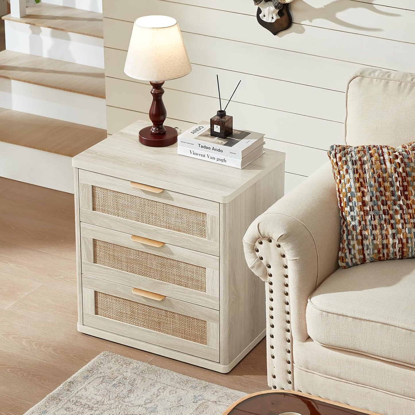 LEYAOYAO Rattan Night Stand with Drawers, 23" Large 3 Drawer Boho Nightstand, Grey White Bedside